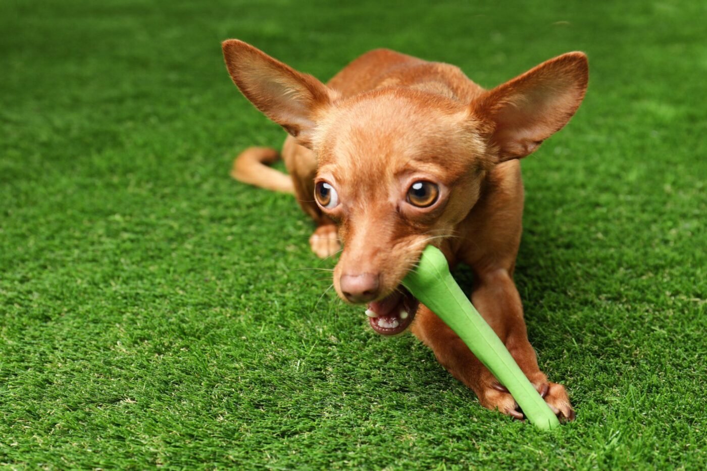 small dog playing around a freshly installed pet turf by Mesa Artificial Grass & Green